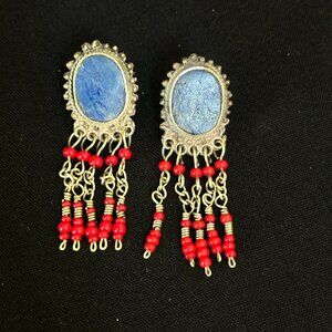 Sterling Silver Lapis Lazuli Feather Dangle Bead Earrings Native American